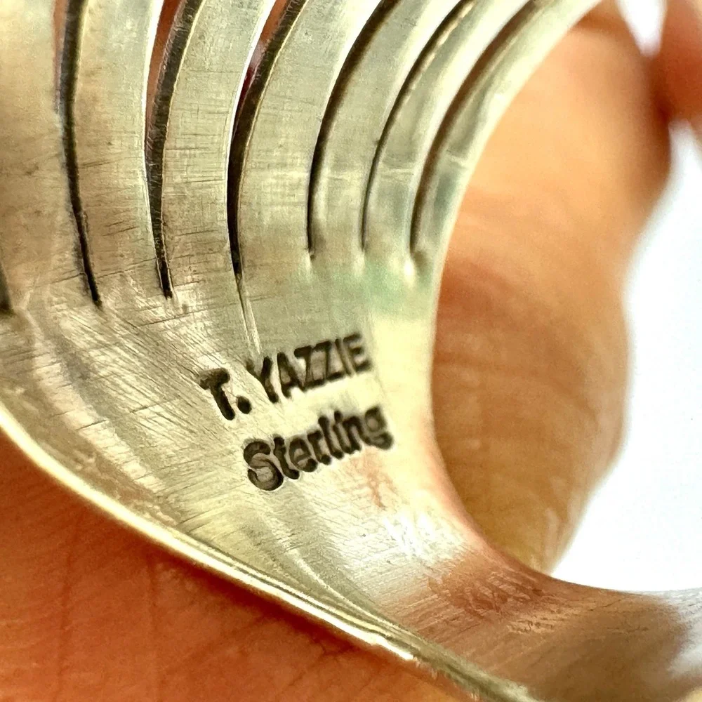 Long Navajo Ring Sz 9 Signed Yazzie Turquoise Sterling Native American 5 Stone